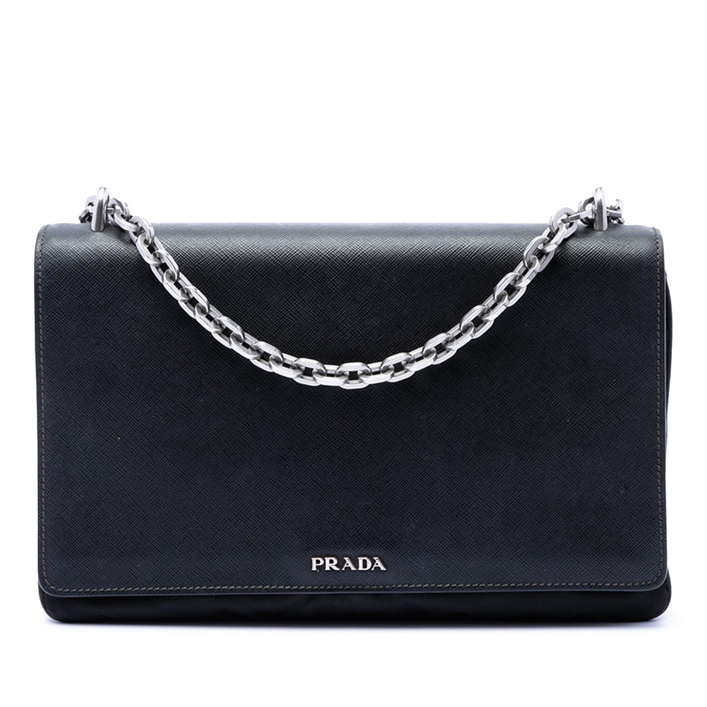Prada Saffiano Lux and Tessuto Chain Crossbody Bag - Black
