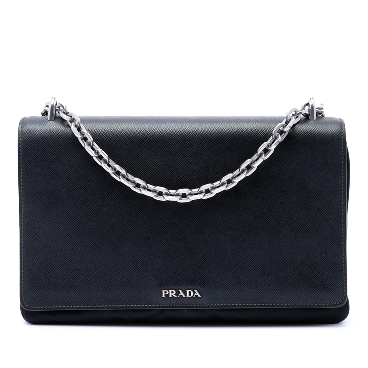 Prada Saffiano Lux and Tessuto Chain Crossbody Bag - Black