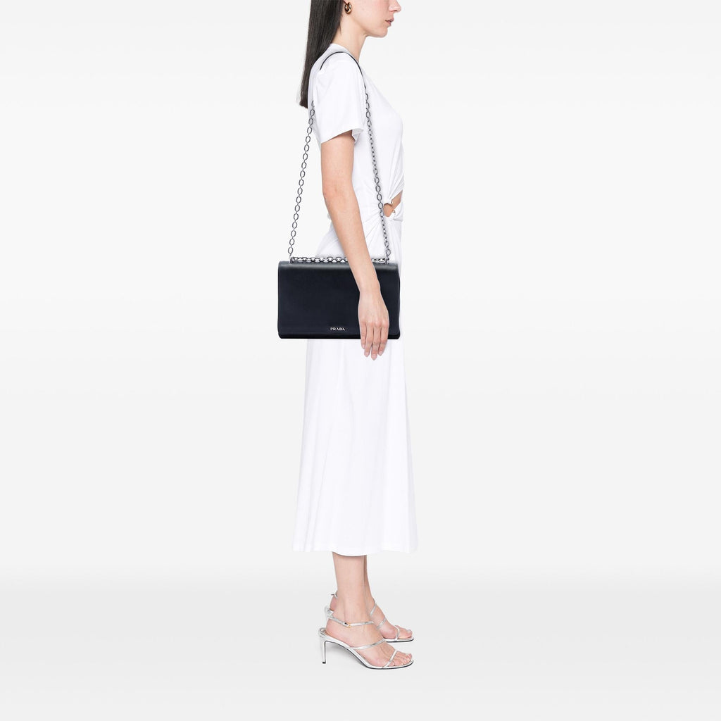 Prada Saffiano Lux and Tessuto Chain Crossbody Bag - Black