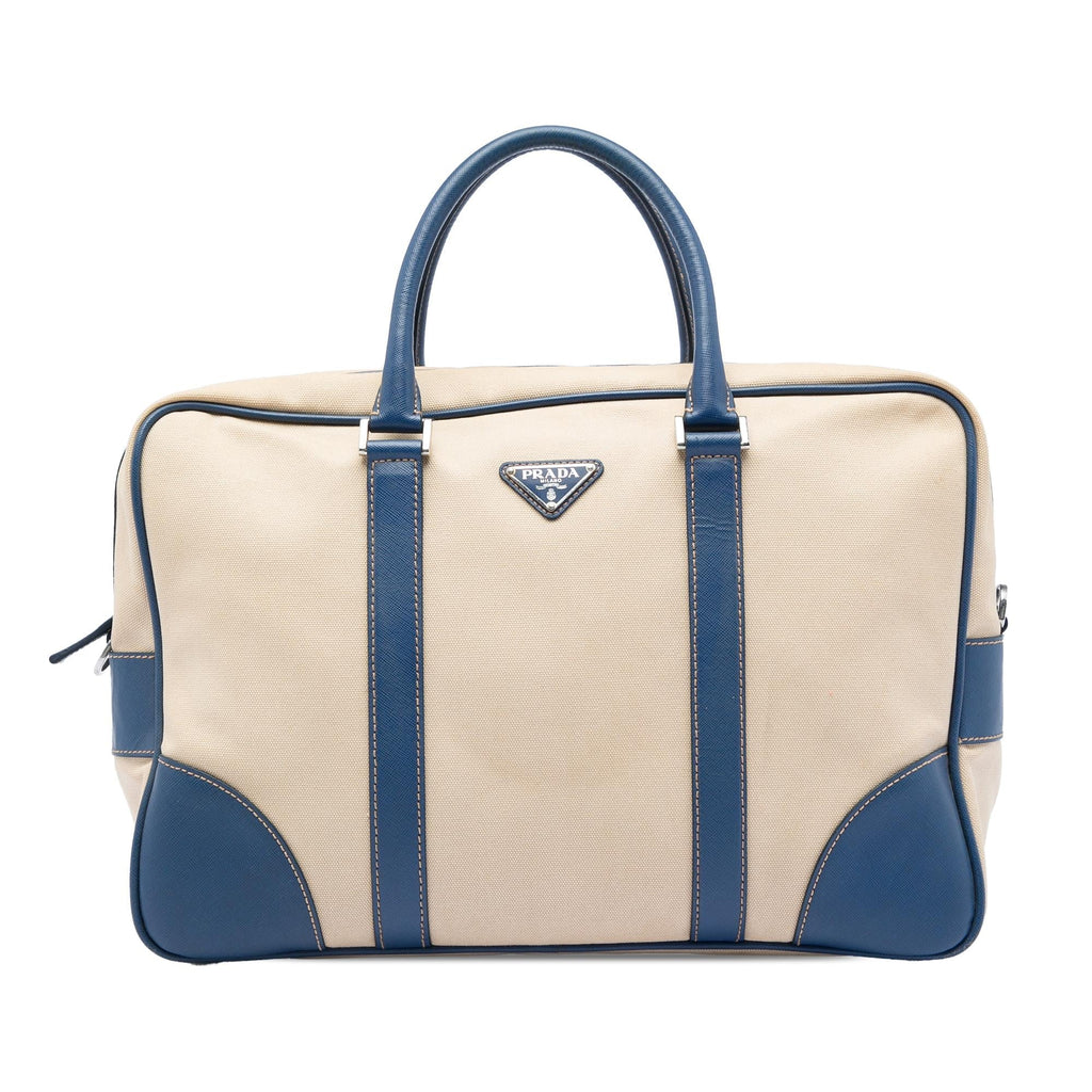 Prada Saffiano Trimmed Canvas Briefcase - Beige