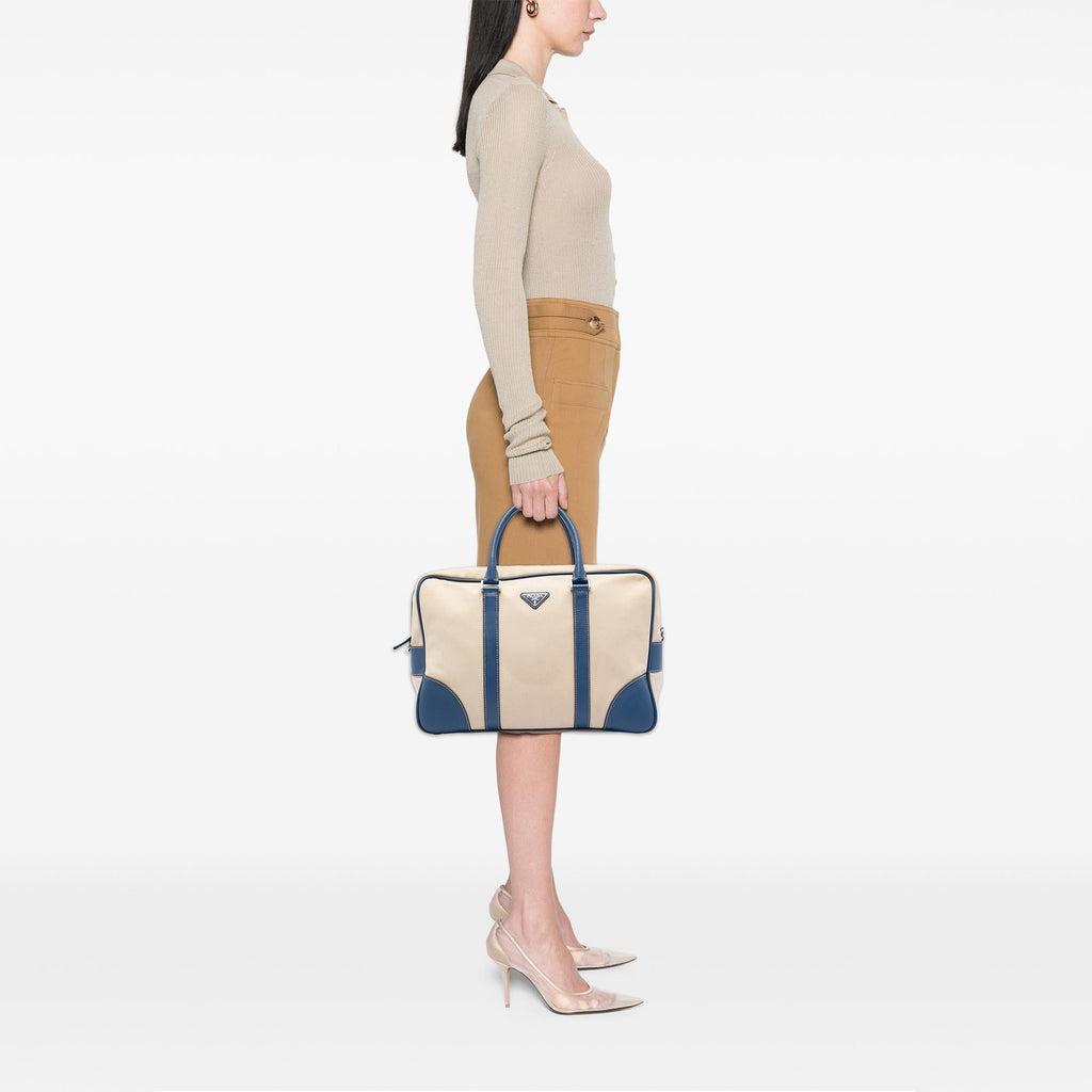 Prada Saffiano Trimmed Canvas Briefcase - Beige