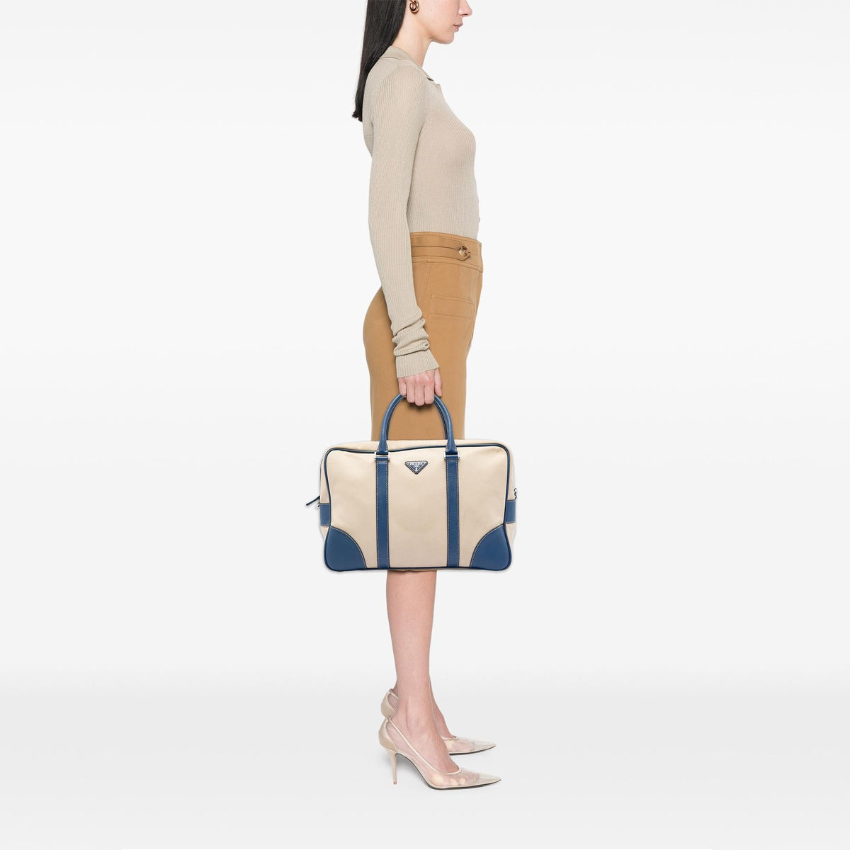 Prada Saffiano Trimmed Canvas Briefcase - Beige