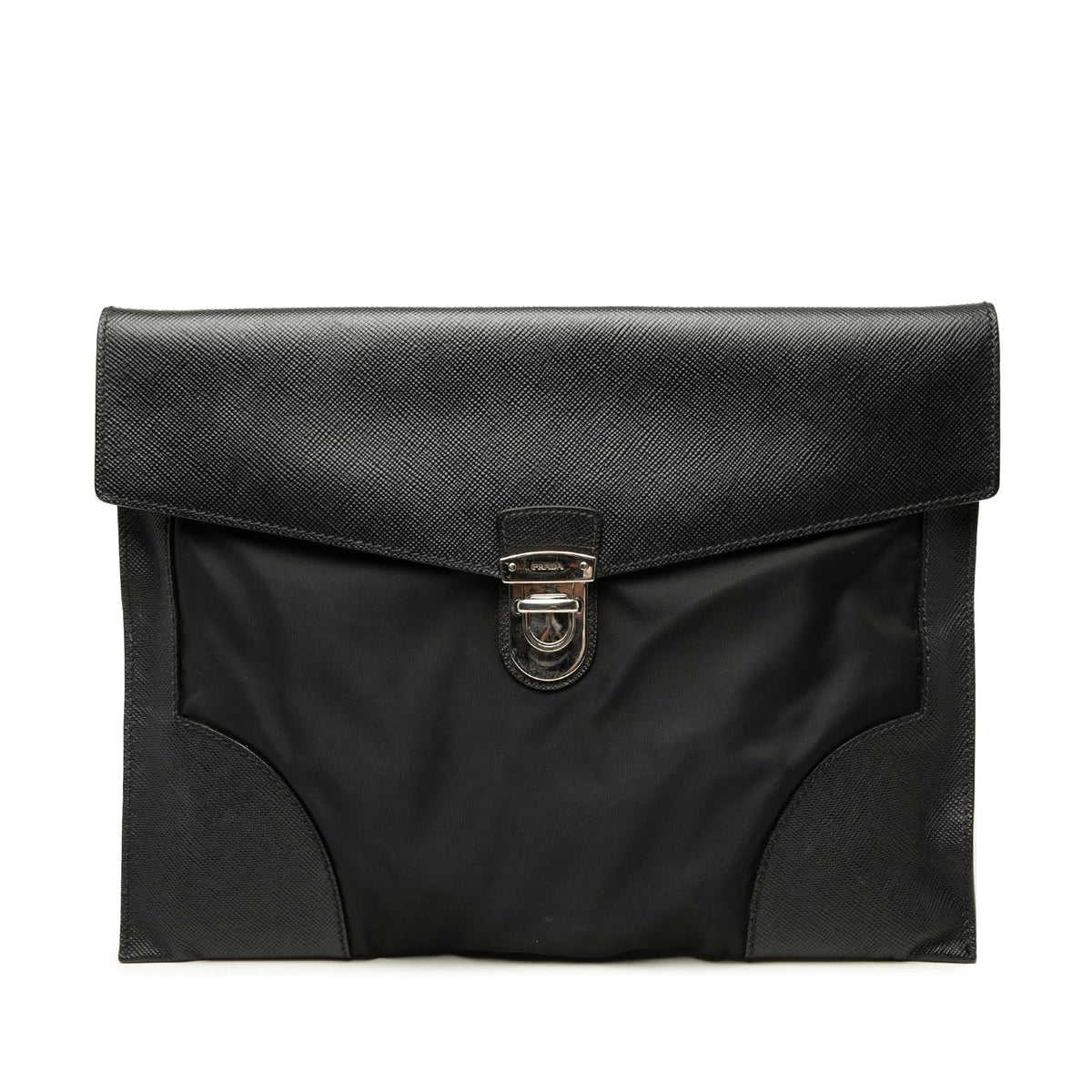 Prada Saffiano Trimmed Tessuto Clutch - Black