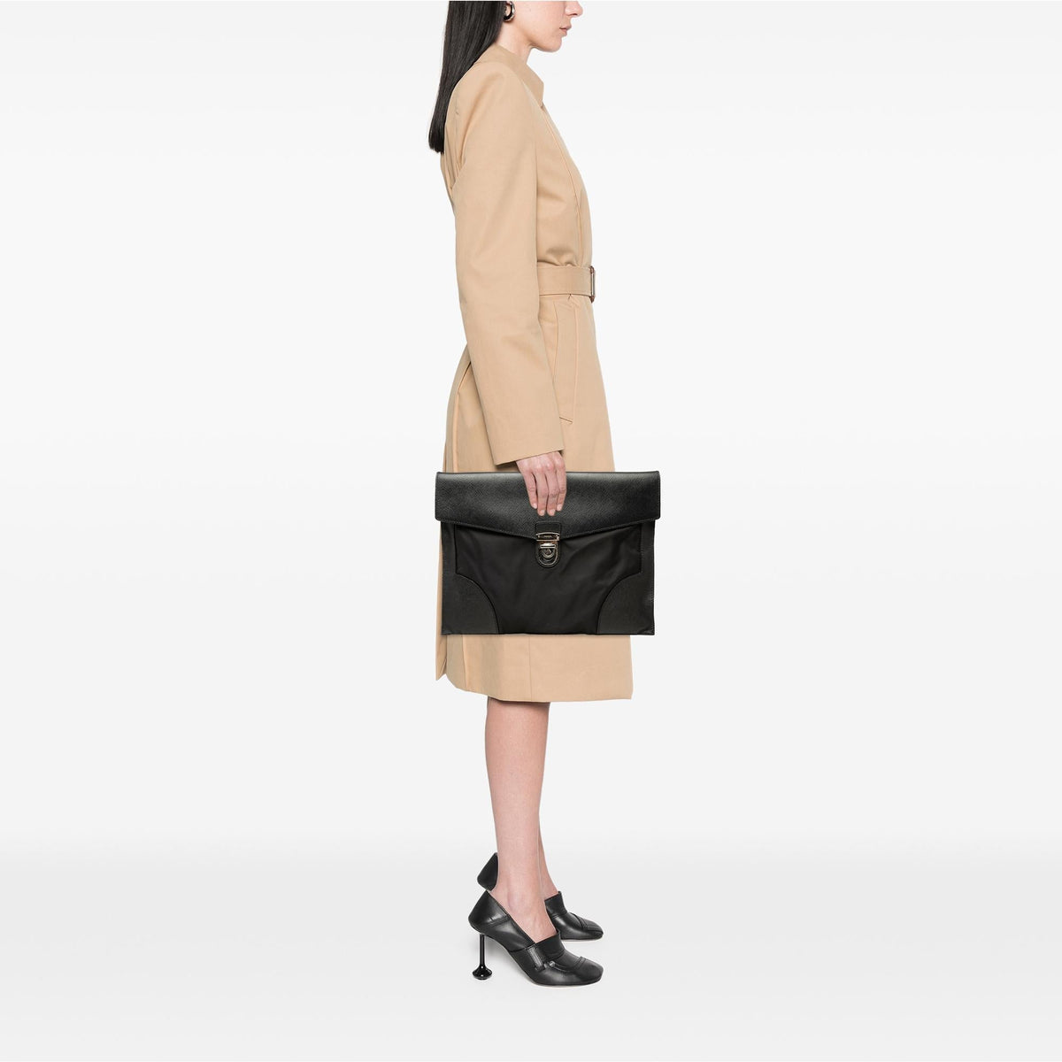 Prada Saffiano Trimmed Tessuto Clutch - Black
