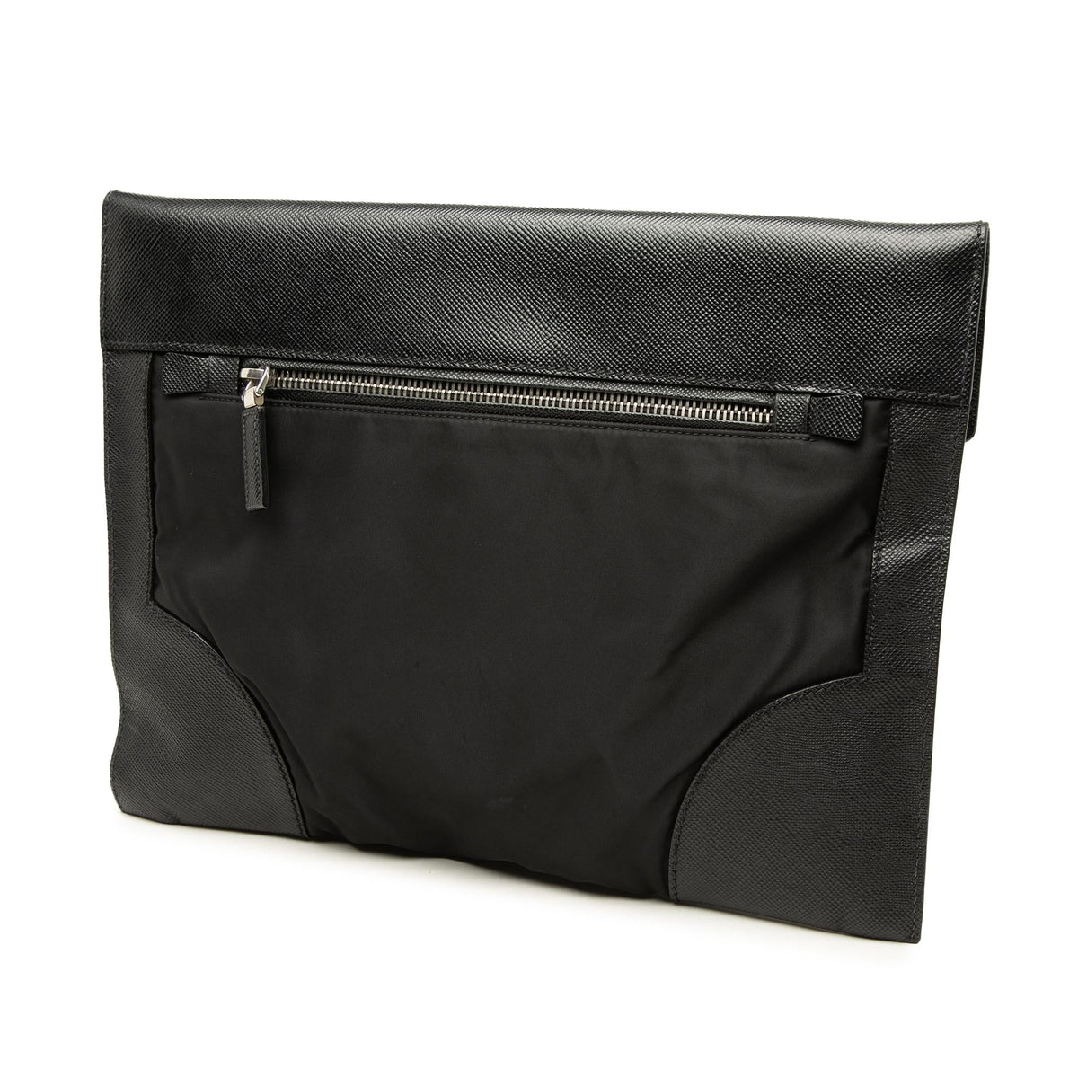 Prada Saffiano Trimmed Tessuto Clutch - Black