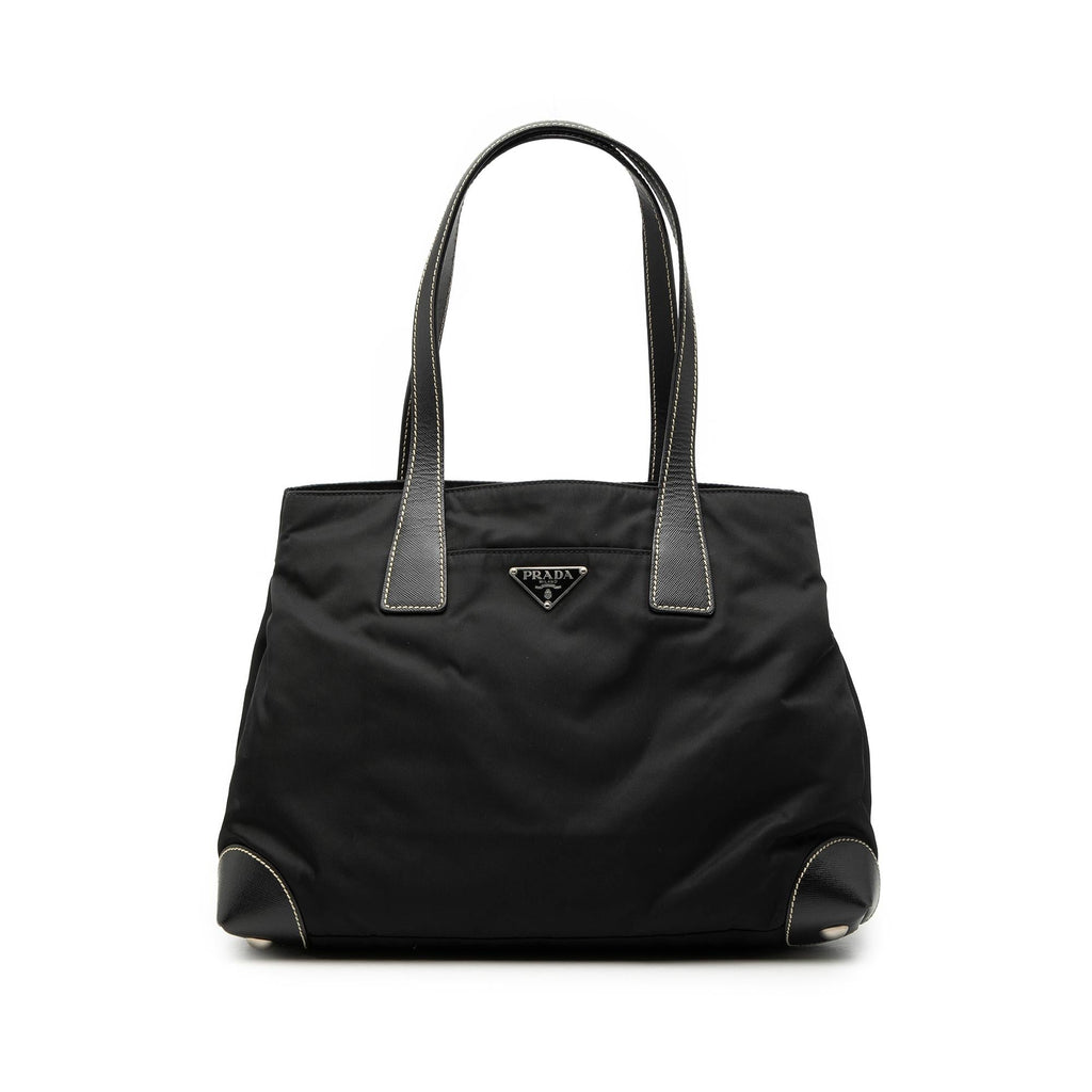 Prada Saffiano Trimmed Tessuto Shopper Tote Bag - Black