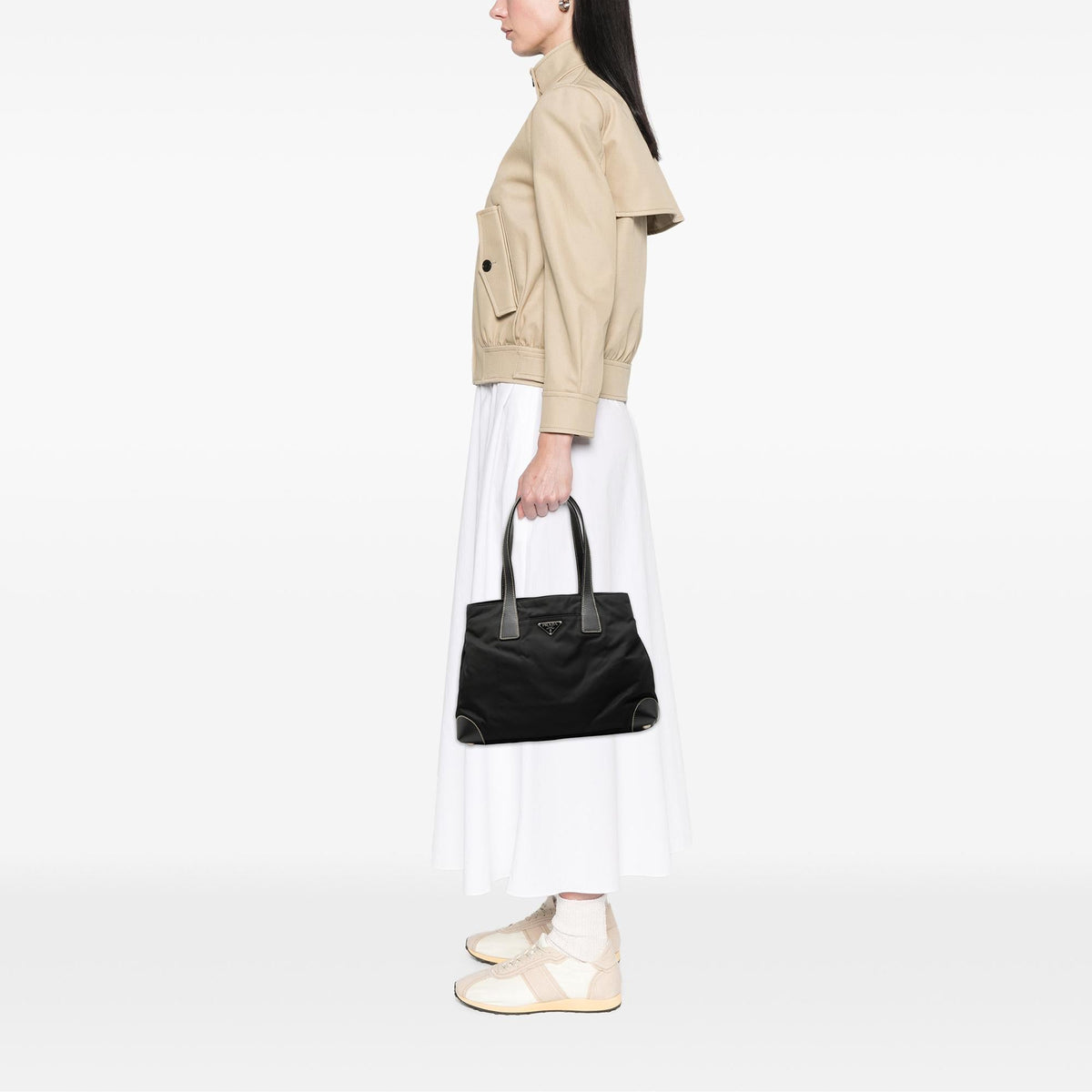 Prada Saffiano Trimmed Tessuto Shopper Tote Bag - Black