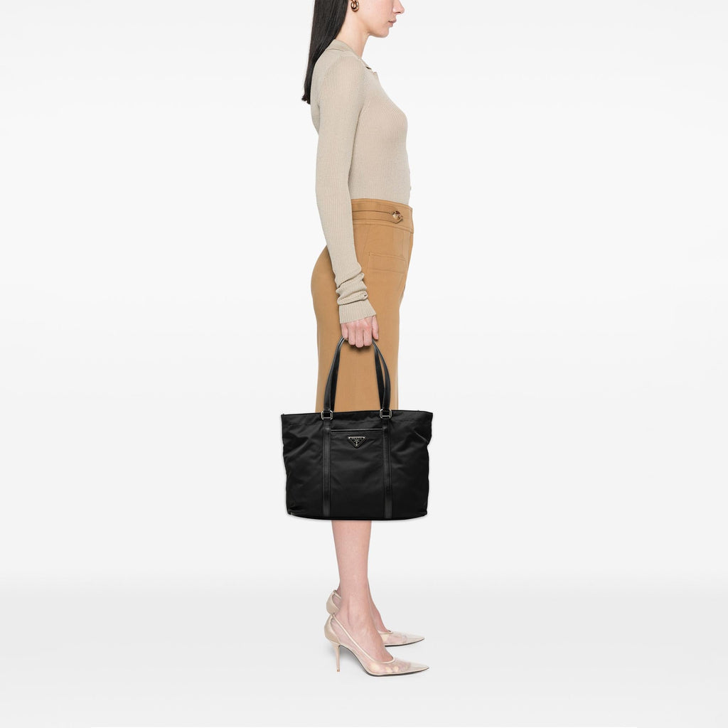 Prada Saffiano Trimmed Tessuto Tote Bag - Black
