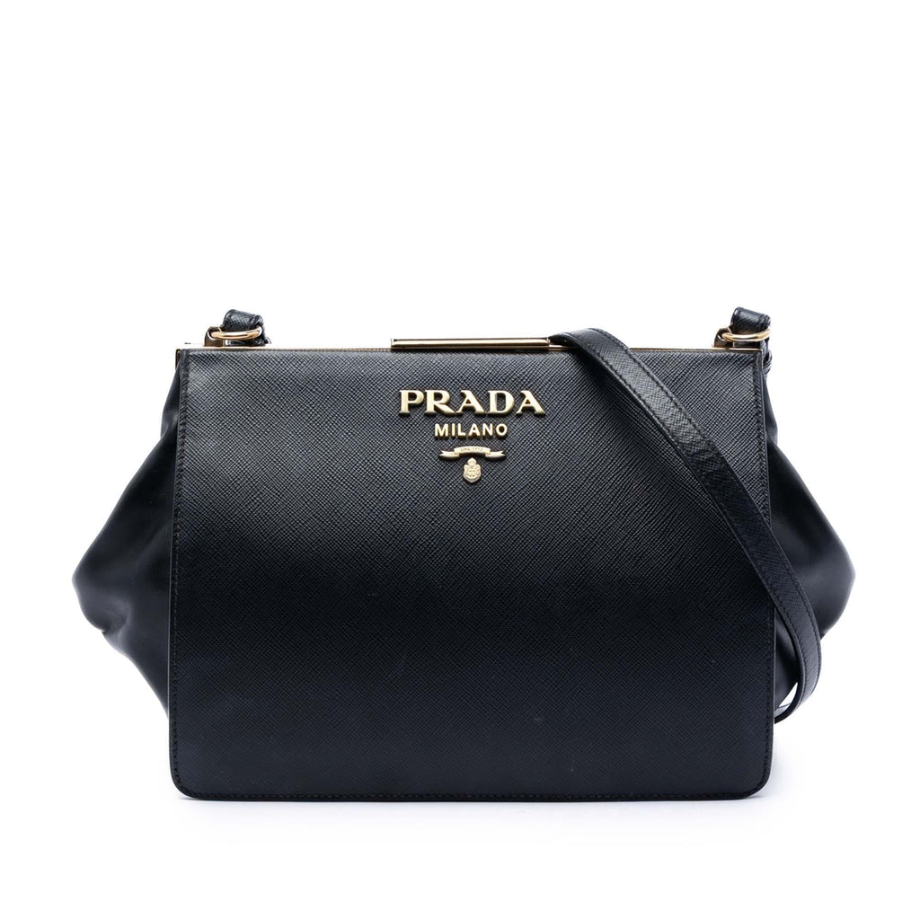 Prada Saffiano and City Calf Light Frame Crossbody Bag - Black