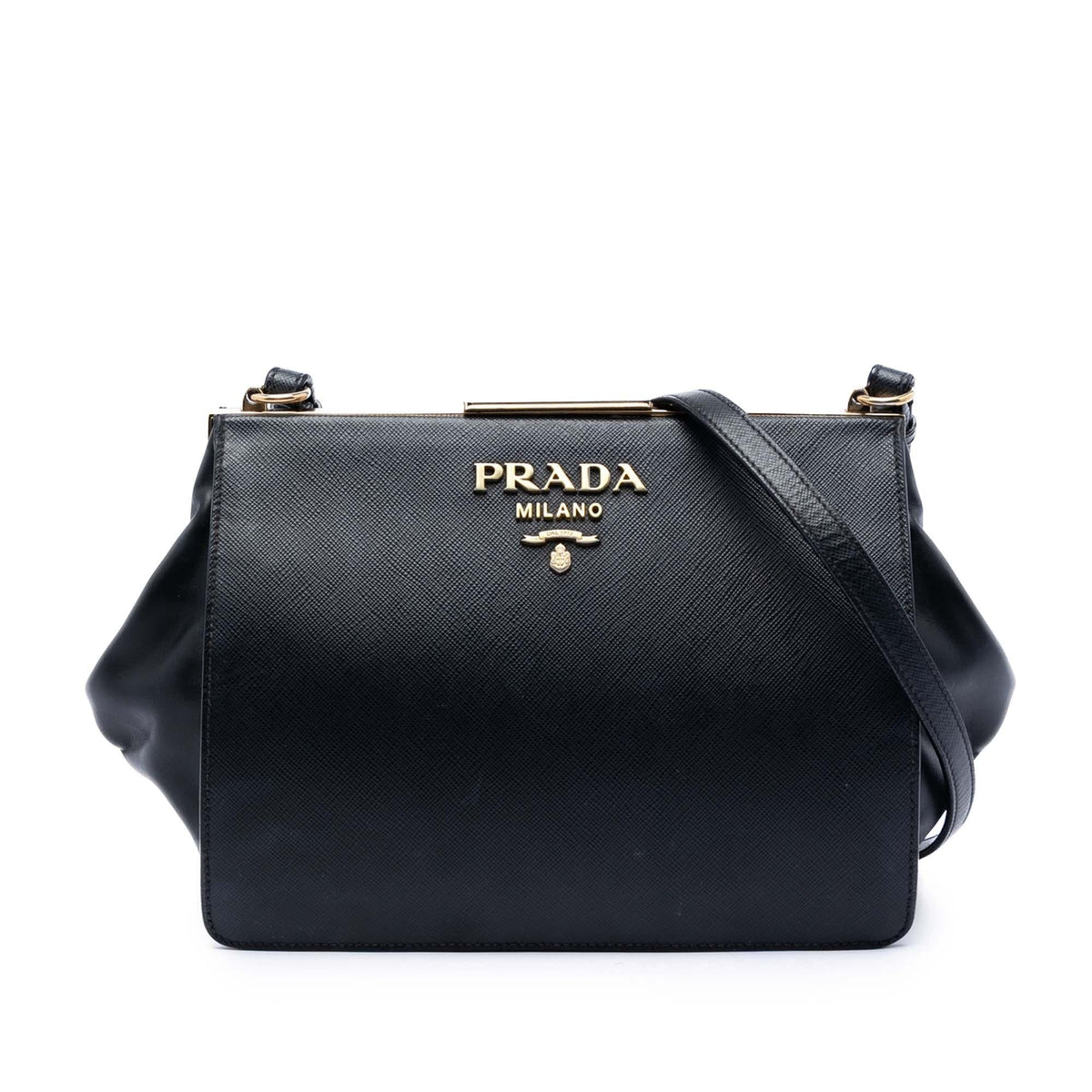 Prada Saffiano and City Calf Light Frame Crossbody Bag - Black