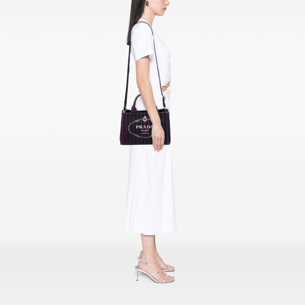 Prada Small Canvas Canapa Logo Stripes Satchel - Black