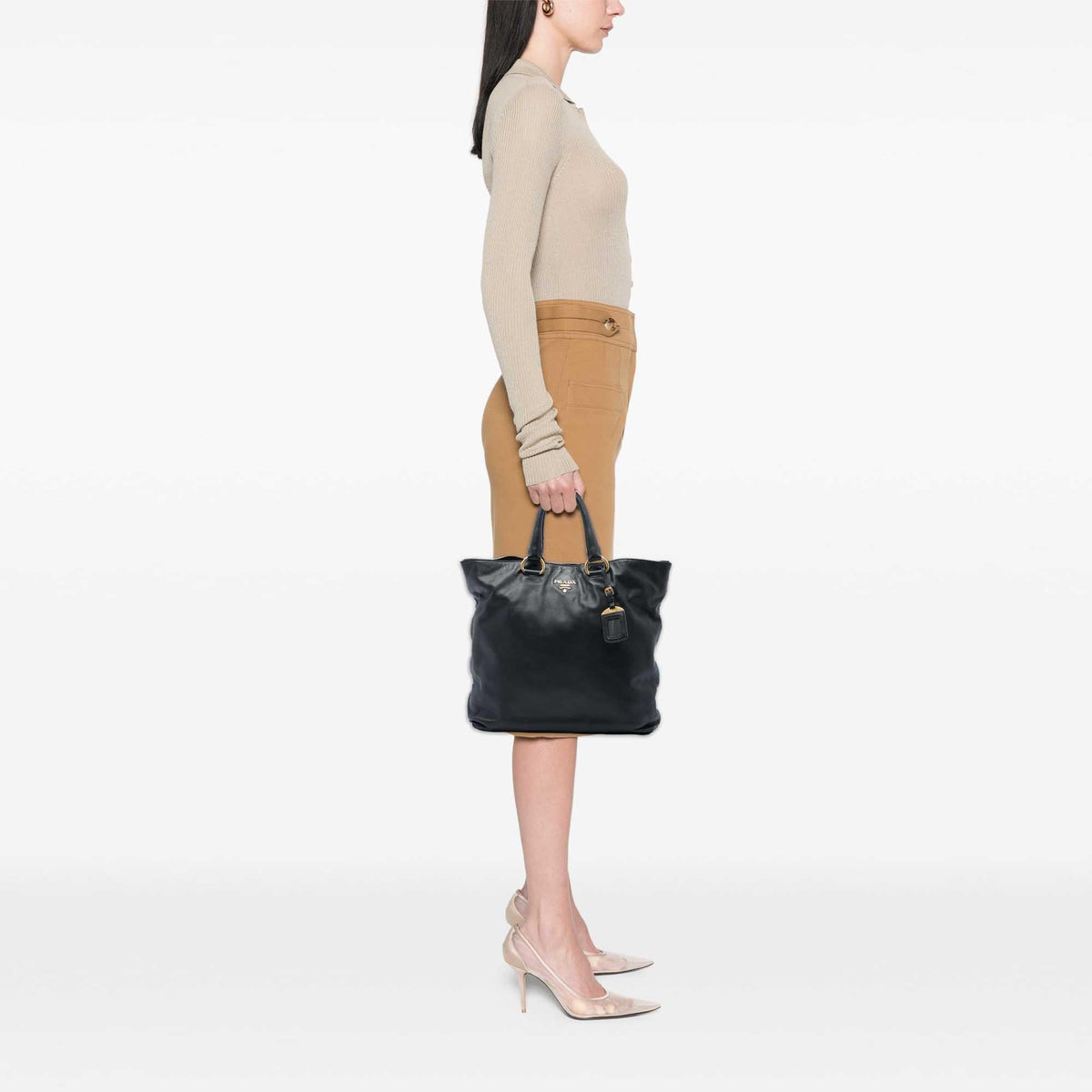 Prada Soft Calf Open Convertible Tote Bag - Black