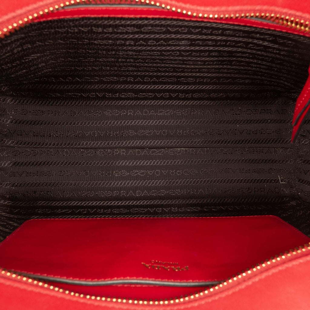 Prada Soft Calf Trimmed Saffiano Lux Zip Convertible Tote Bag - Red