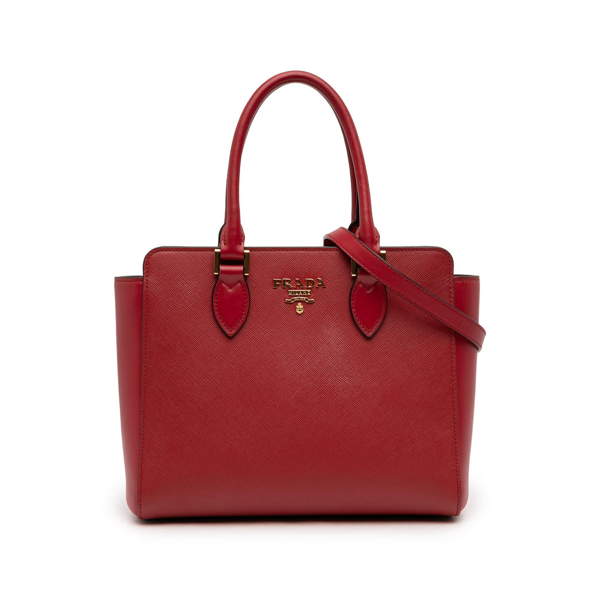 Prada Soft Calf Trimmed Saffiano Lux Zip Convertible Tote Bag - Red