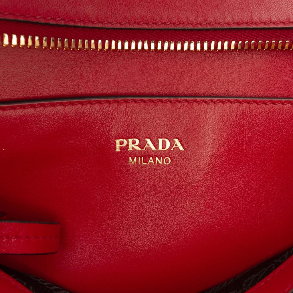 Prada Soft Calf Trimmed Saffiano Lux Zip Convertible Tote Bag - Red