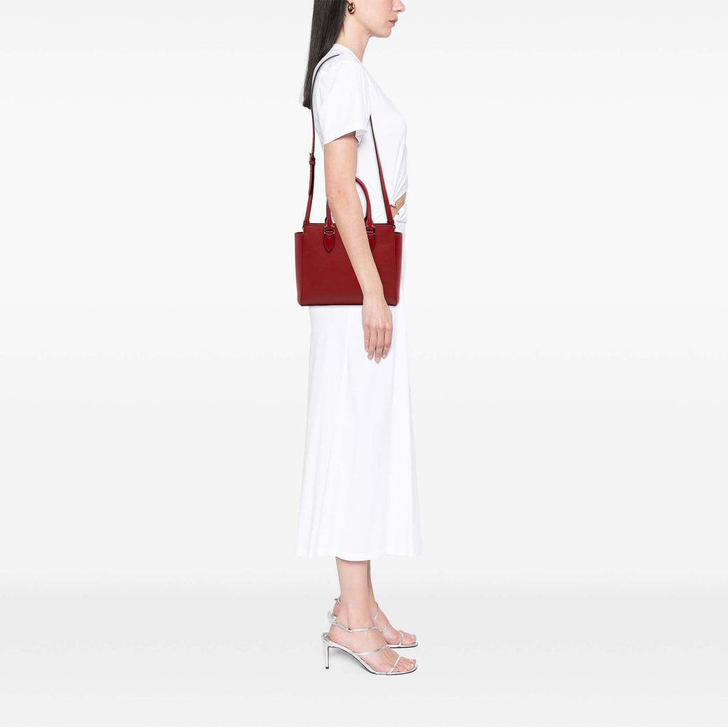 Prada Soft Calf Trimmed Saffiano Lux Zip Convertible Tote Bag - Red