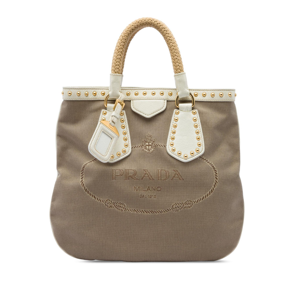Prada Studded Canvas Canapa Logo Rope Handle Bag - Brown
