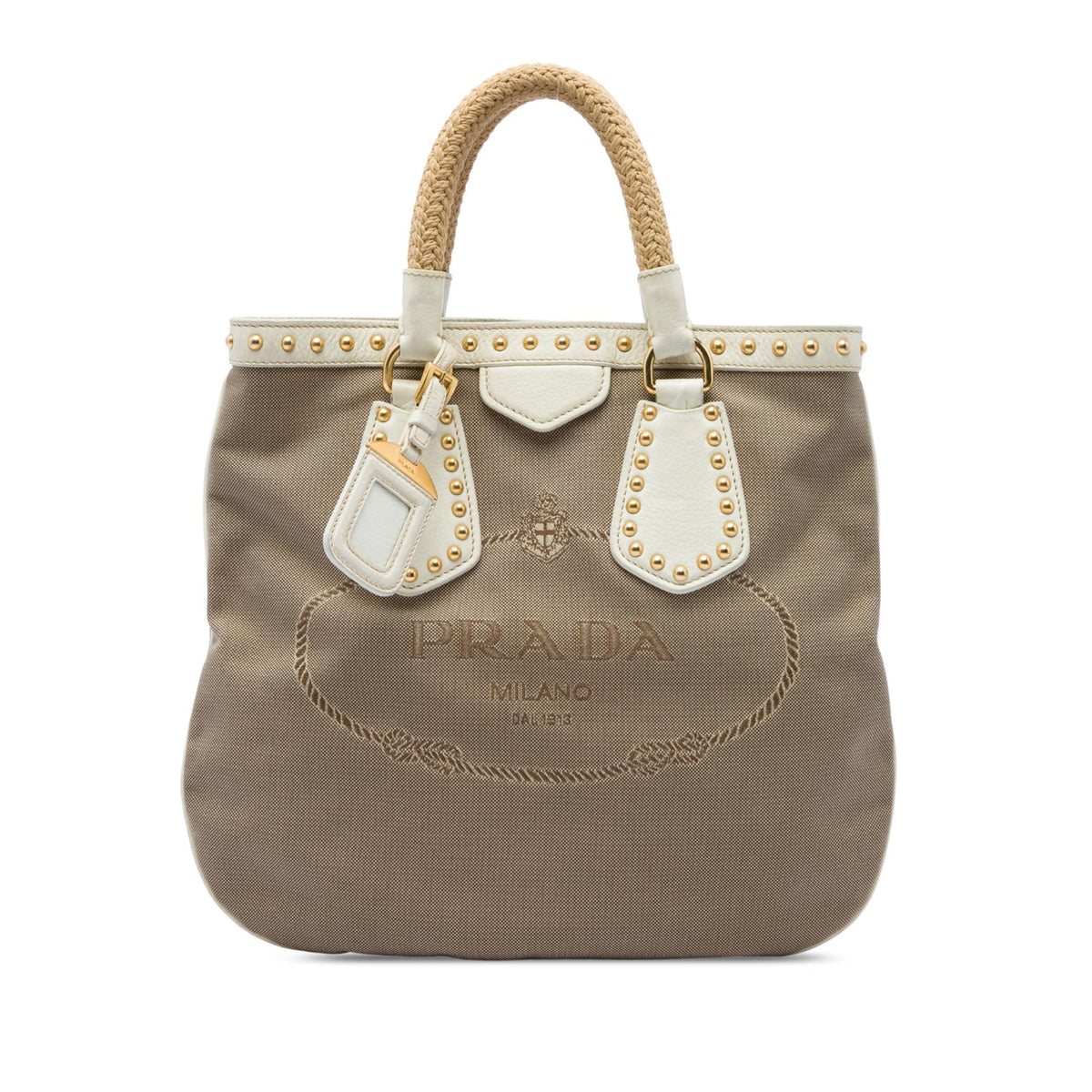 Prada Studded Canvas Canapa Logo Rope Handle Bag - Brown