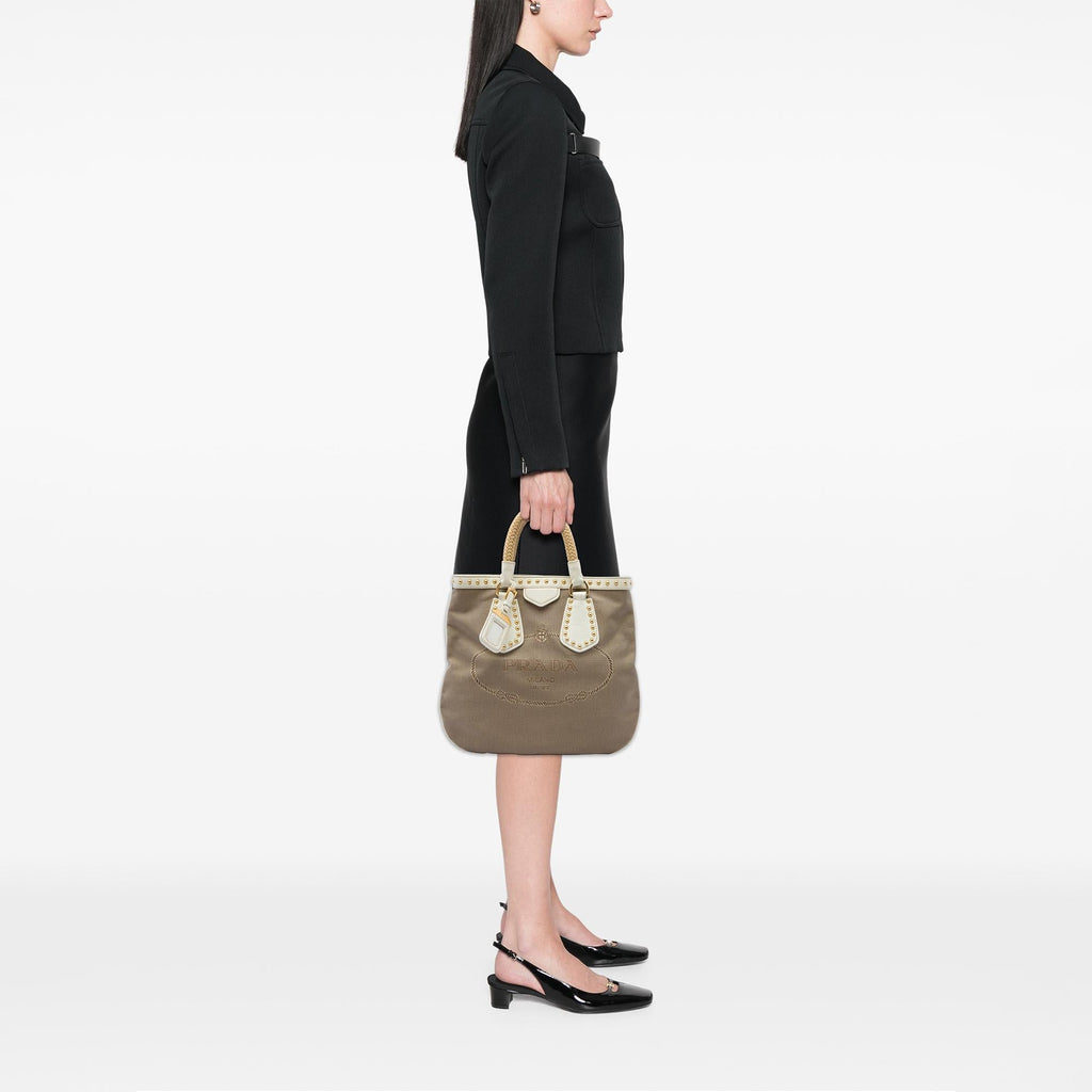 Prada Studded Canvas Canapa Logo Rope Handle Bag - Brown