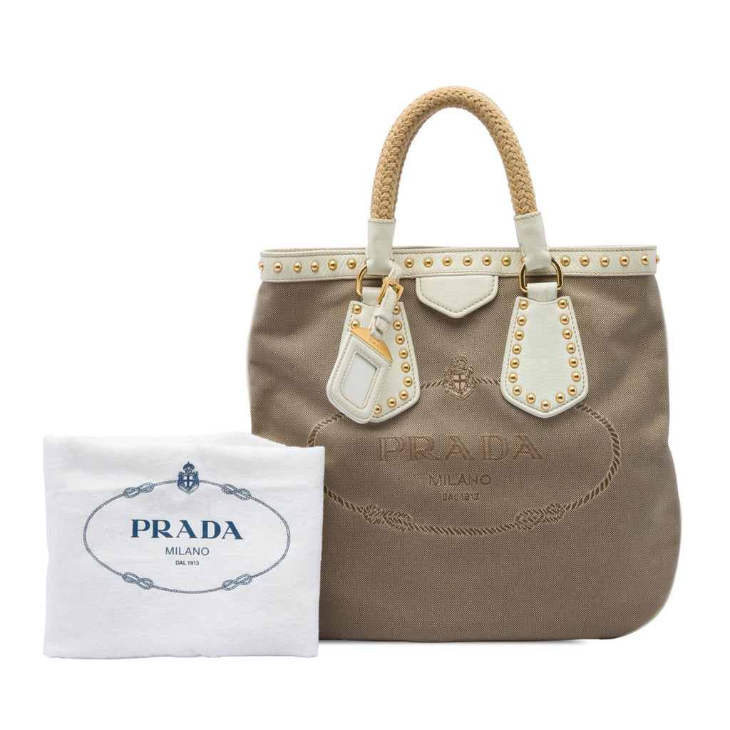 Prada Studded Canvas Canapa Logo Rope Handle Bag - Brown