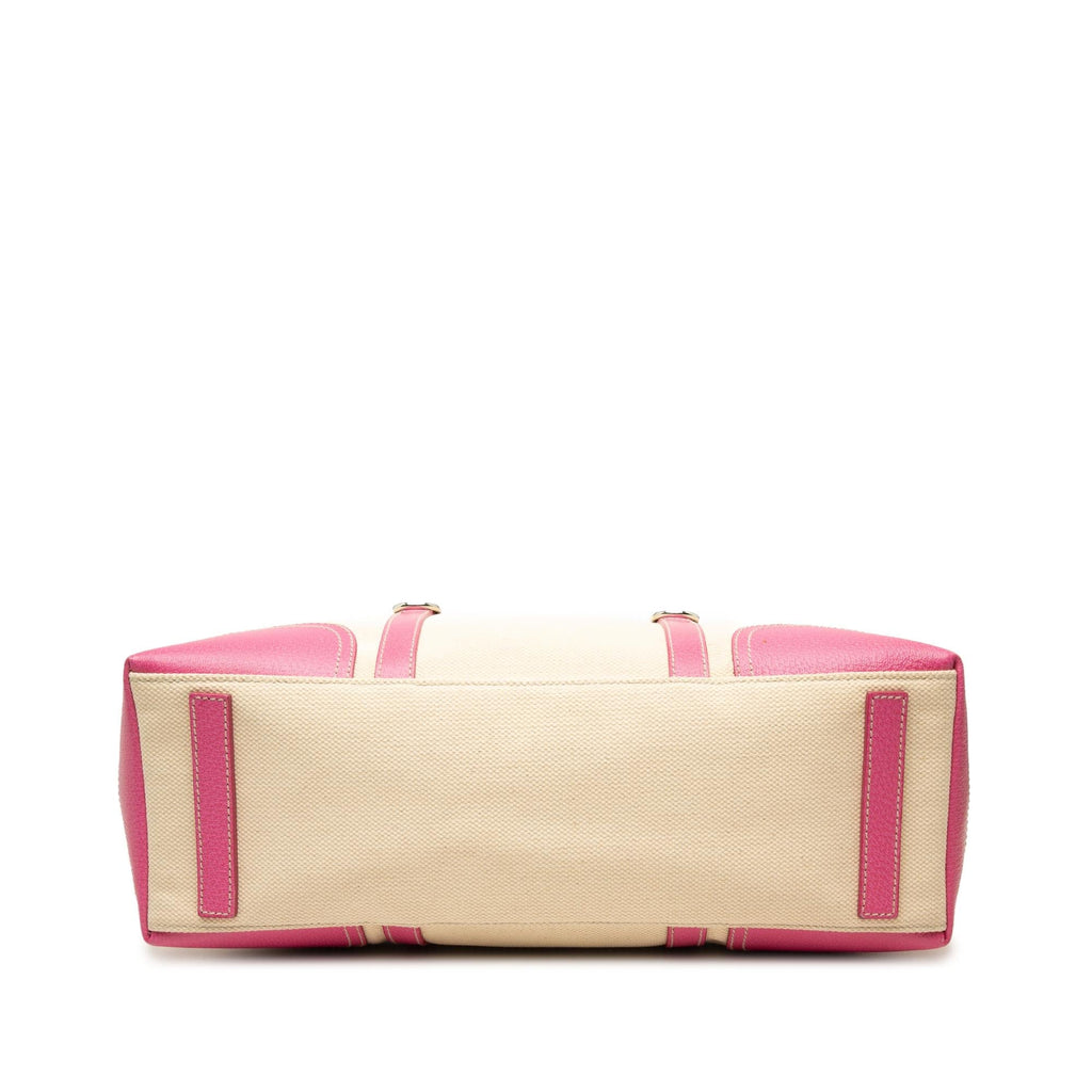 Prada Studded Leather Trimmed Canvas Front Pocket Tote Bag - Beige/Pink