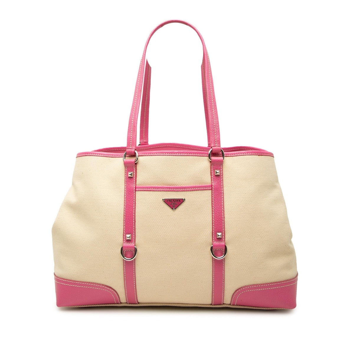 Prada Studded Leather Trimmed Canvas Front Pocket Tote Bag - Beige/Pink