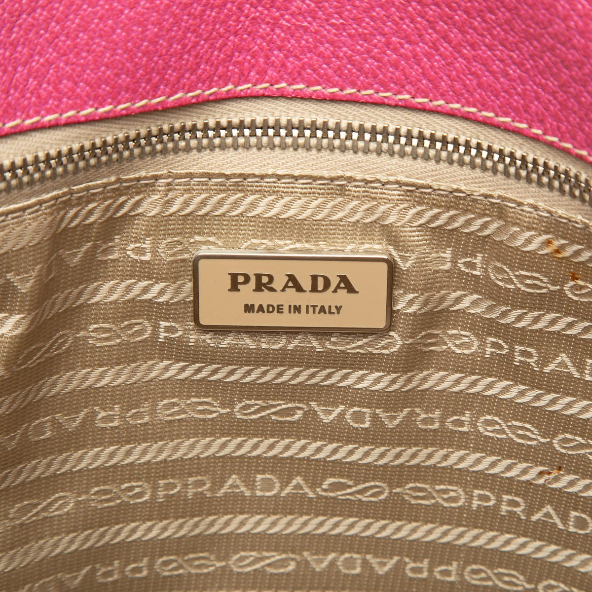 Prada Studded Leather Trimmed Canvas Front Pocket Tote Bag - Beige/Pink
