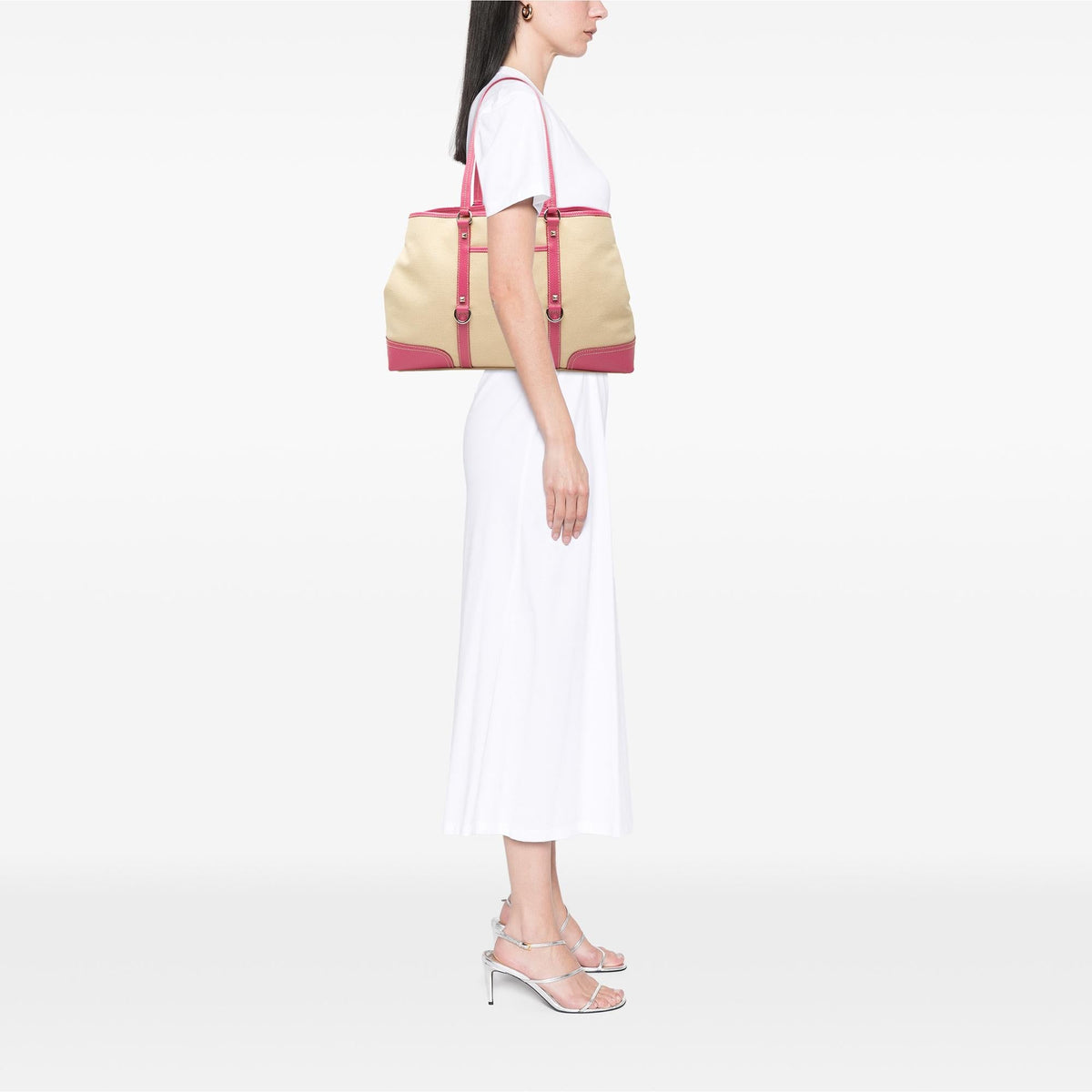Prada Studded Leather Trimmed Canvas Front Pocket Tote Bag - Beige/Pink