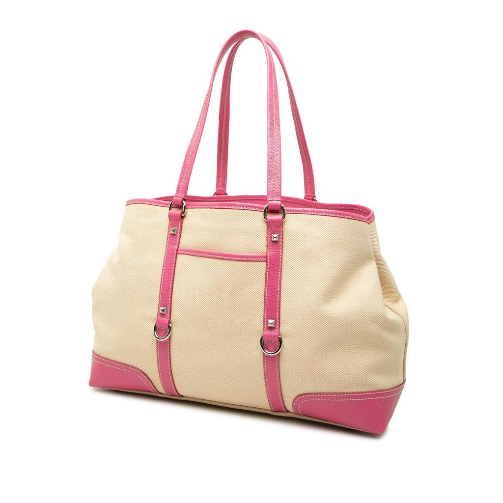 Prada Studded Leather Trimmed Canvas Front Pocket Tote Bag - Beige/Pink