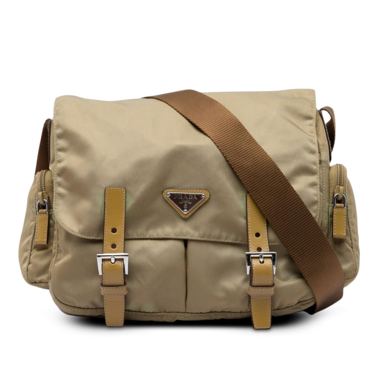 Prada Tessuto Double Buckle Messenger Bag - Beige