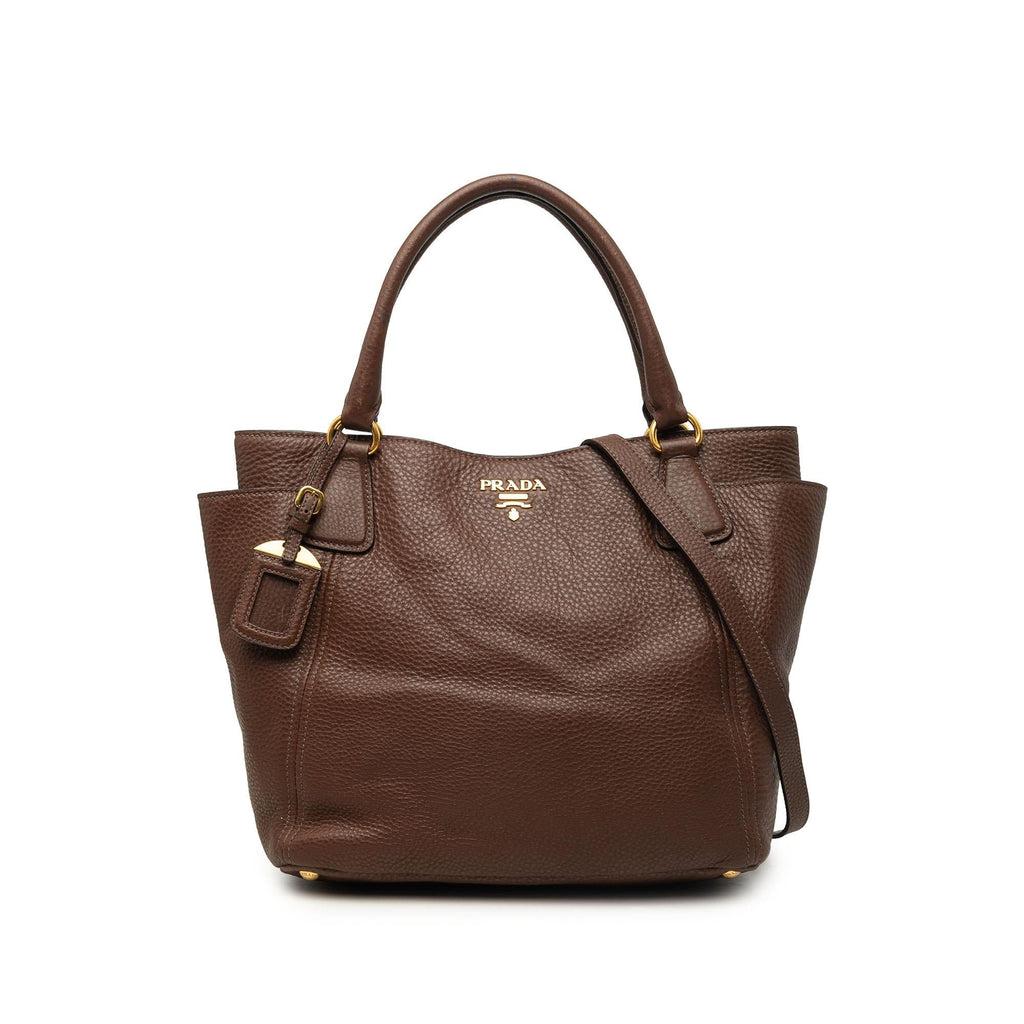 Prada Vitello Daino Side Pocket Convertible Tote Bag - Brown
