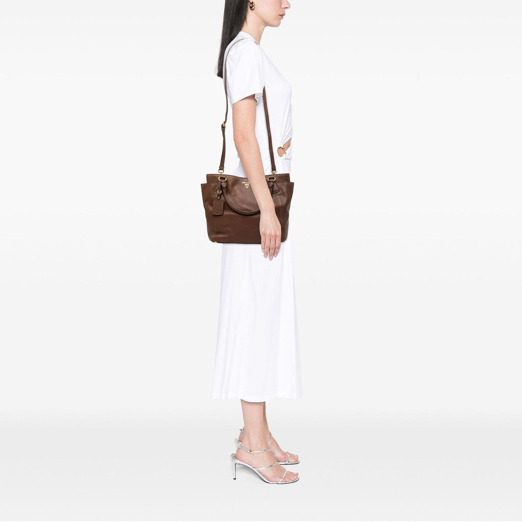 Prada Vitello Daino Side Pocket Convertible Tote Bag - Brown