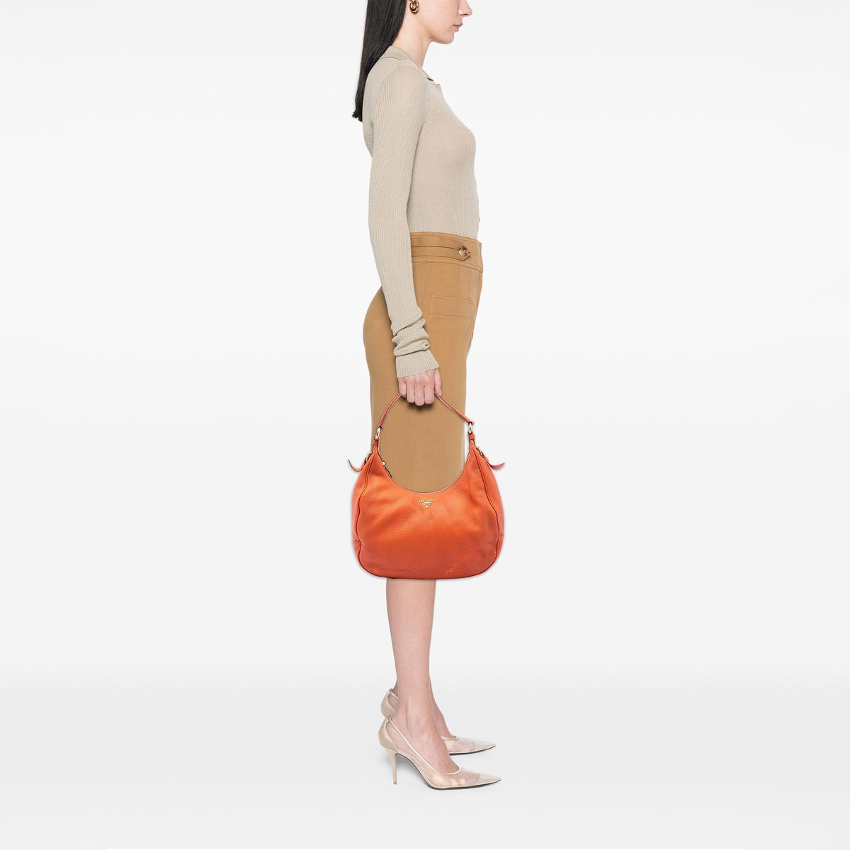 Prada Vitello Daino Zip Top Hobo - Orange