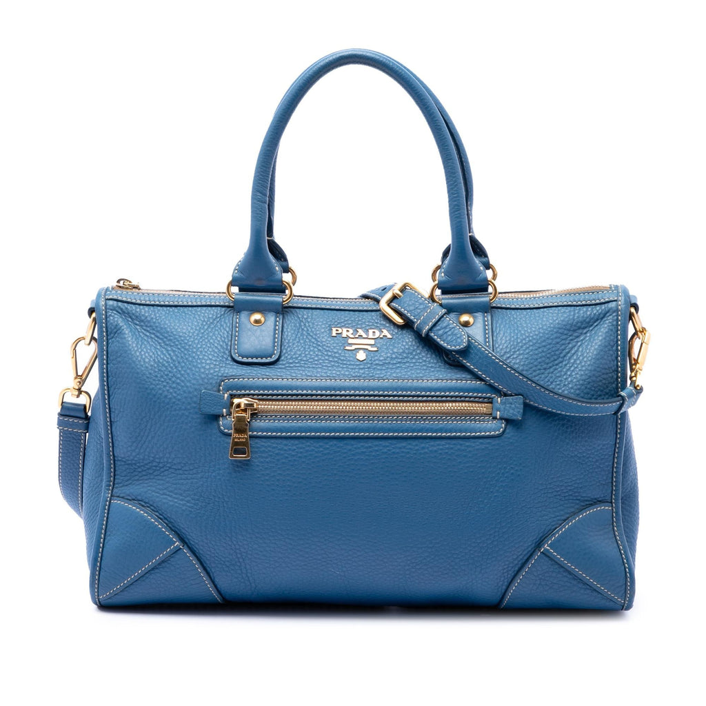 Prada Vitello Daino Zip Top Satchel - Blue