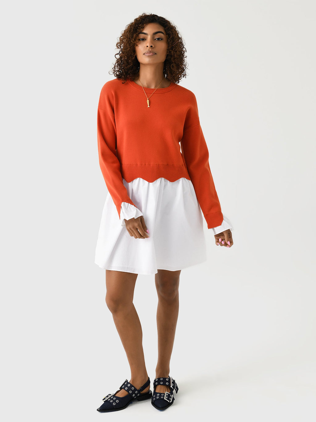 Eche Women's Scalloped Knit Poplin Combo Dress