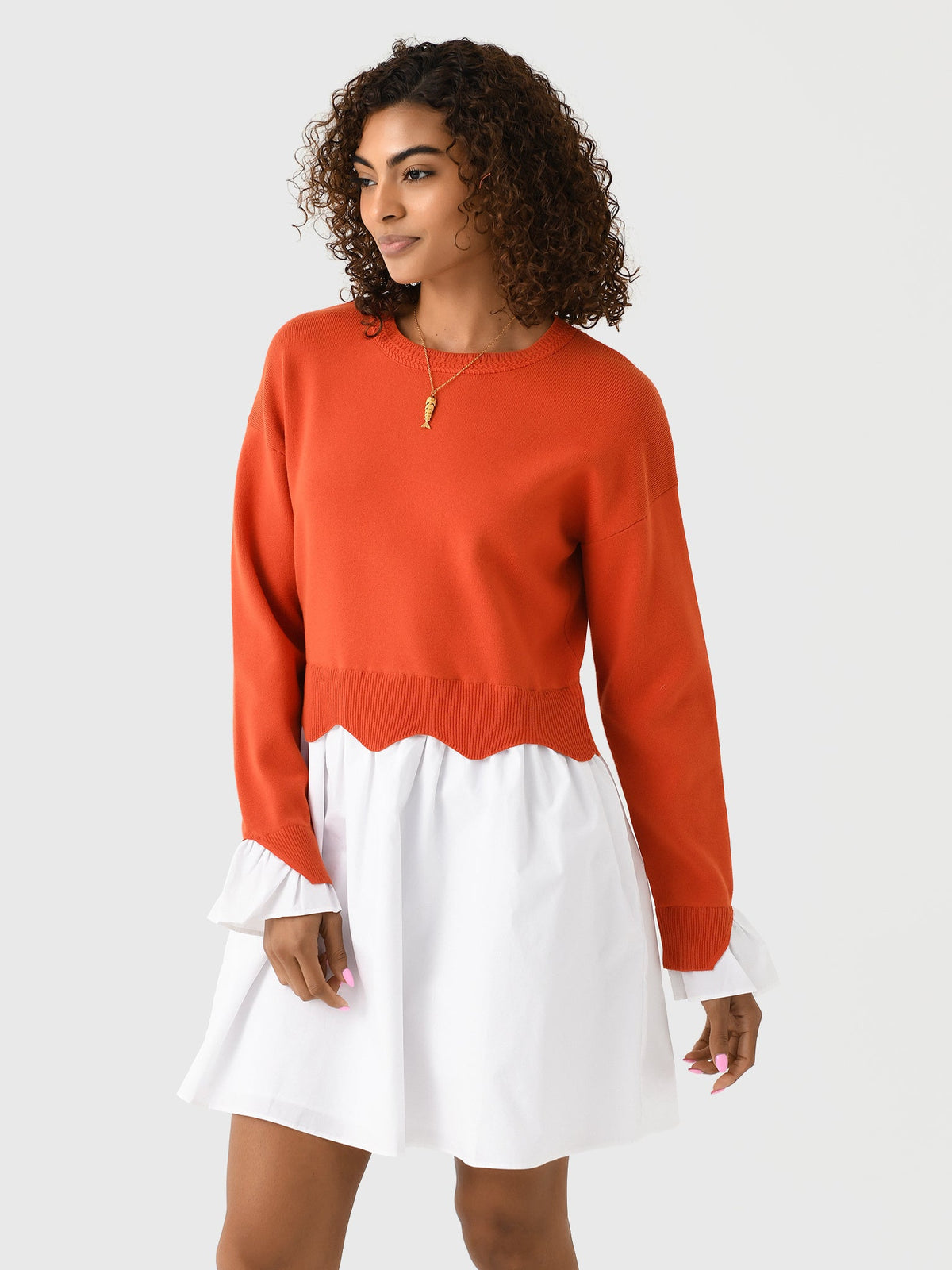Eche Women's Scalloped Knit Poplin Combo Dress
