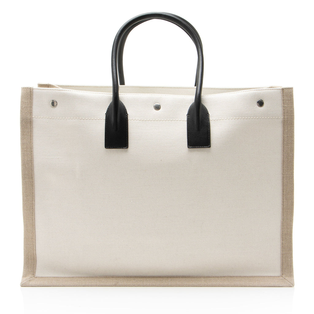 Saint Laurent Canvas Calfskin Rive Gauche Large Tote Bag - Beige/Black