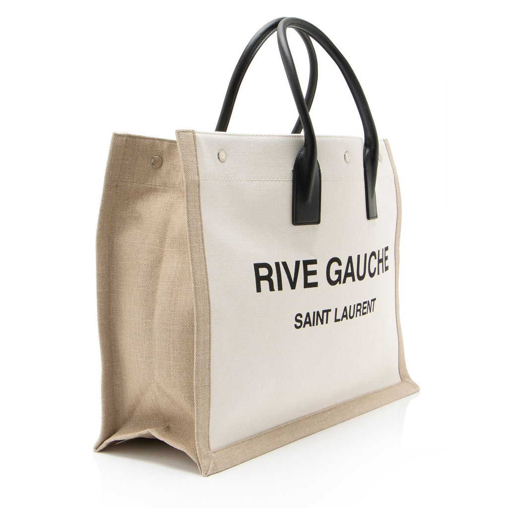Saint Laurent Canvas Calfskin Rive Gauche Large Tote Bag - Beige/Black