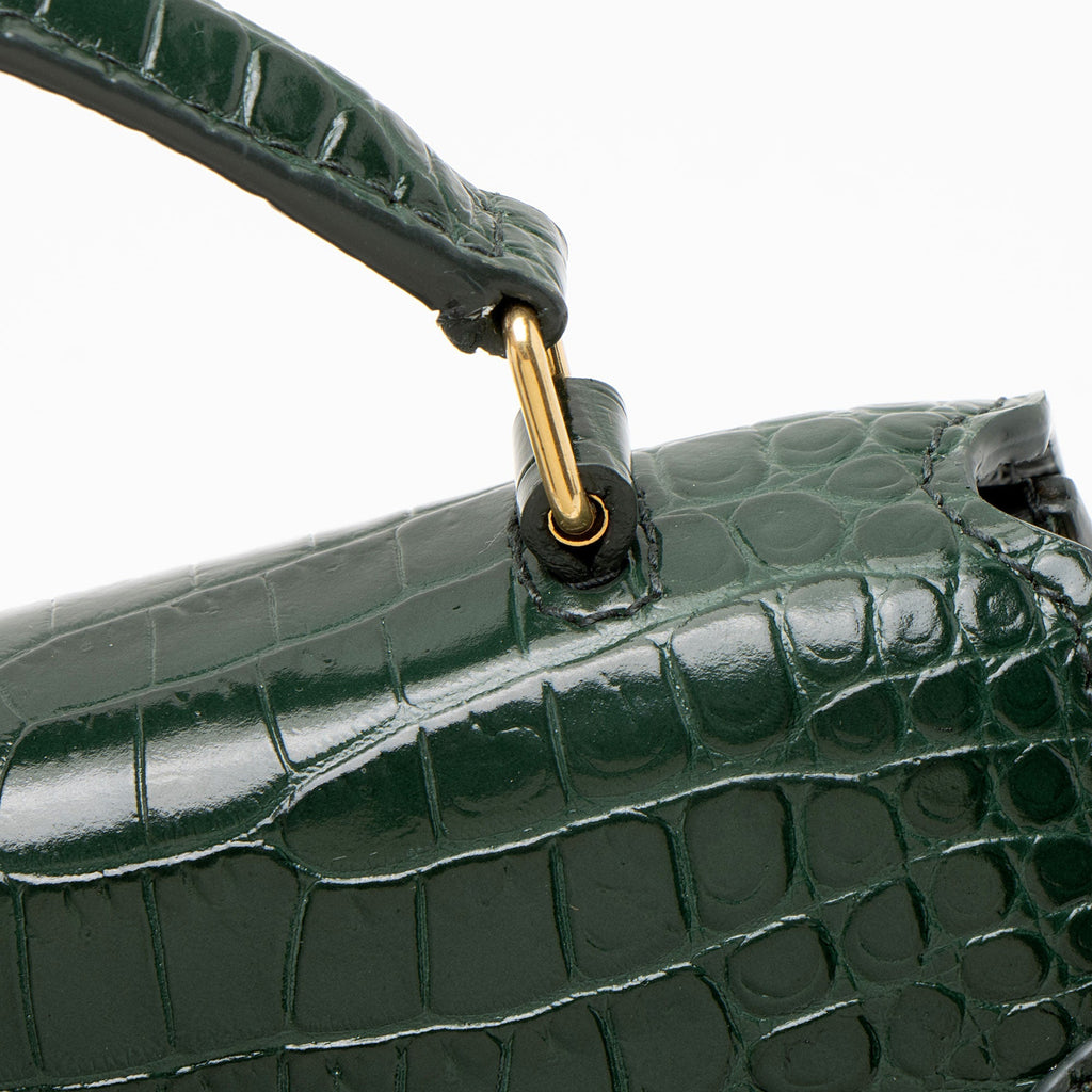 Saint Laurent Croc Embossed Leather Monogram Cassandra Mini Top Handle Satchel - Green