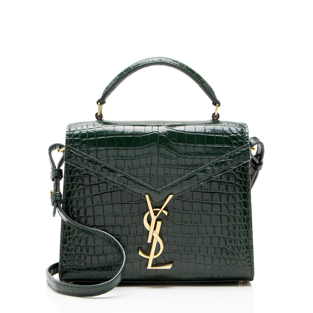 Saint Laurent Croc Embossed Leather Monogram Cassandra Mini Top Handle Satchel - Green