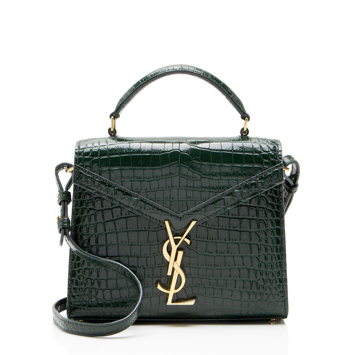 Saint Laurent Croc Embossed Leather Monogram Cassandra Mini Top Handle Satchel - Green
