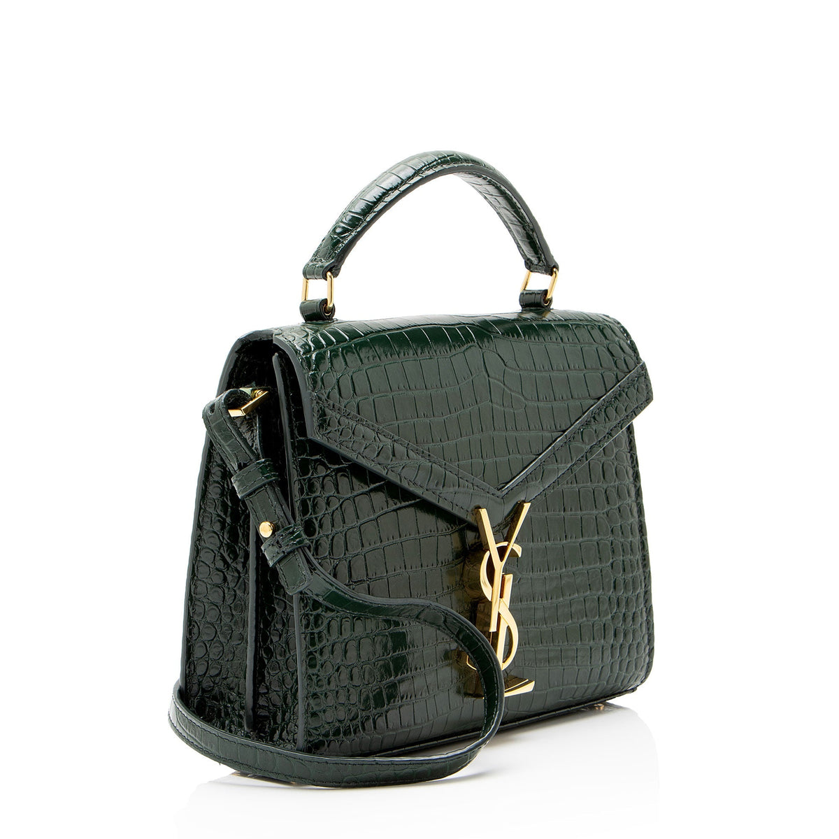 Saint Laurent Croc Embossed Leather Monogram Cassandra Mini Top Handle Satchel - Green