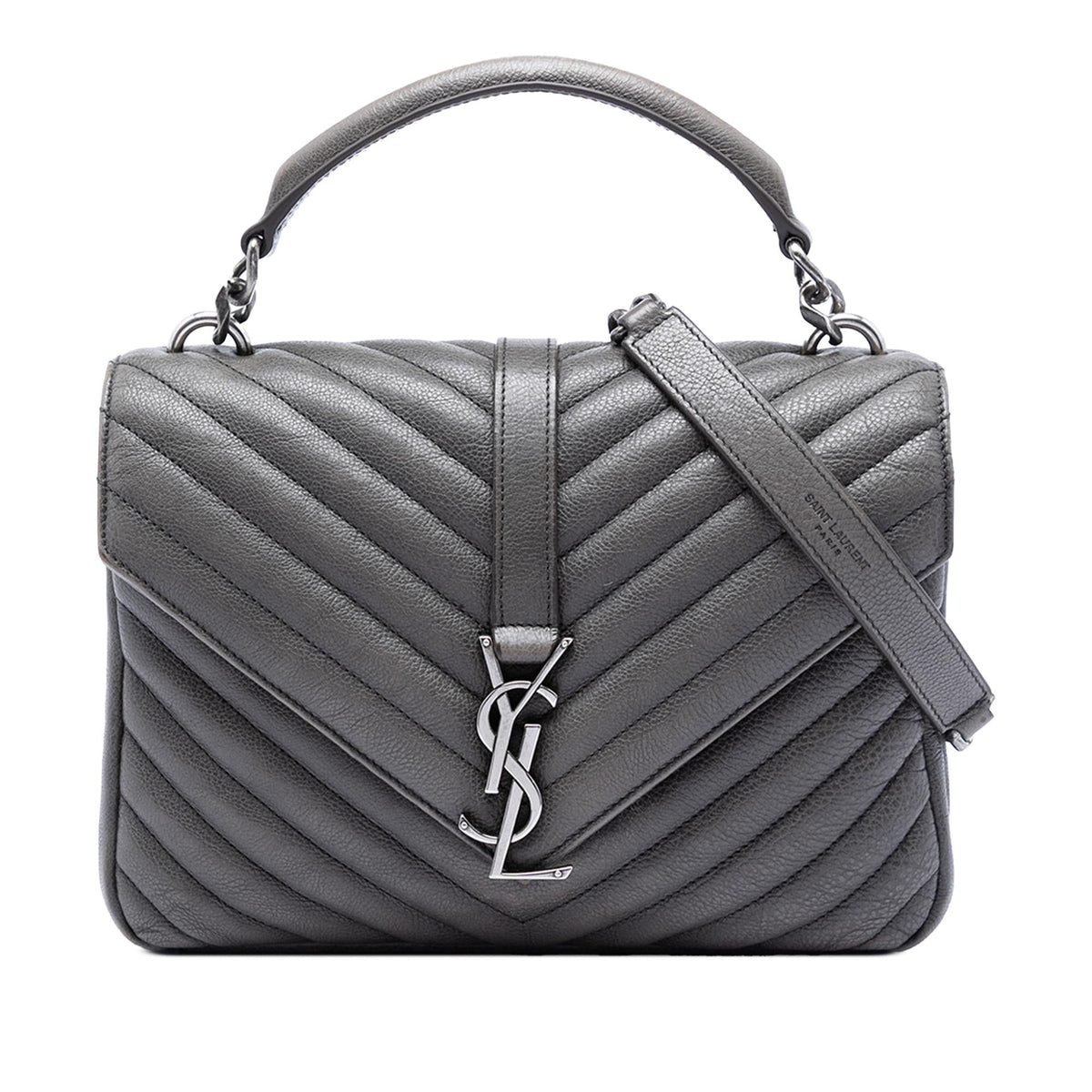 Saint Laurent Medium Chevron Sheepskin Monogram College Satchel - Grey