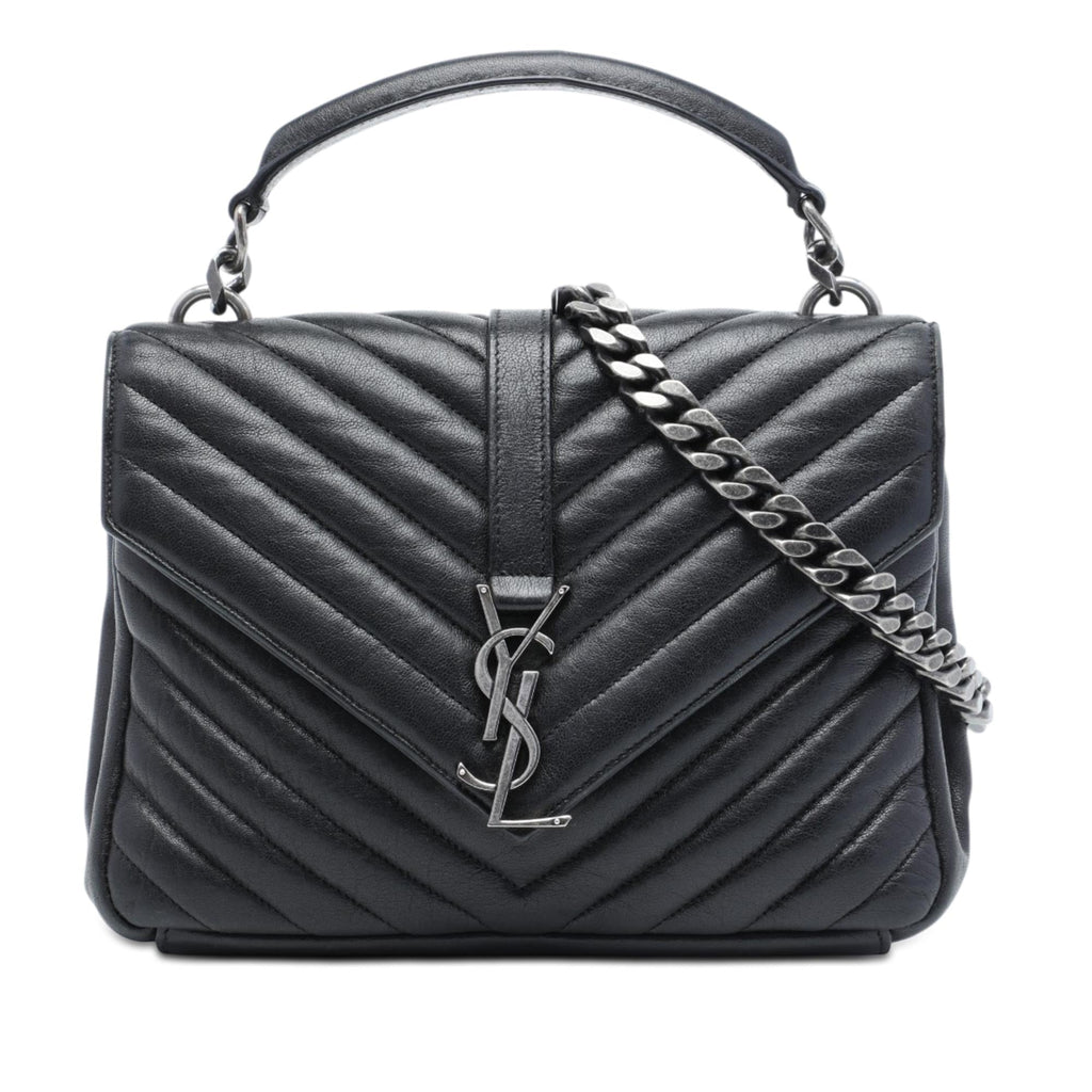 Saint Laurent Medium Chevron Sheepskin Monogram College Satchel - Black