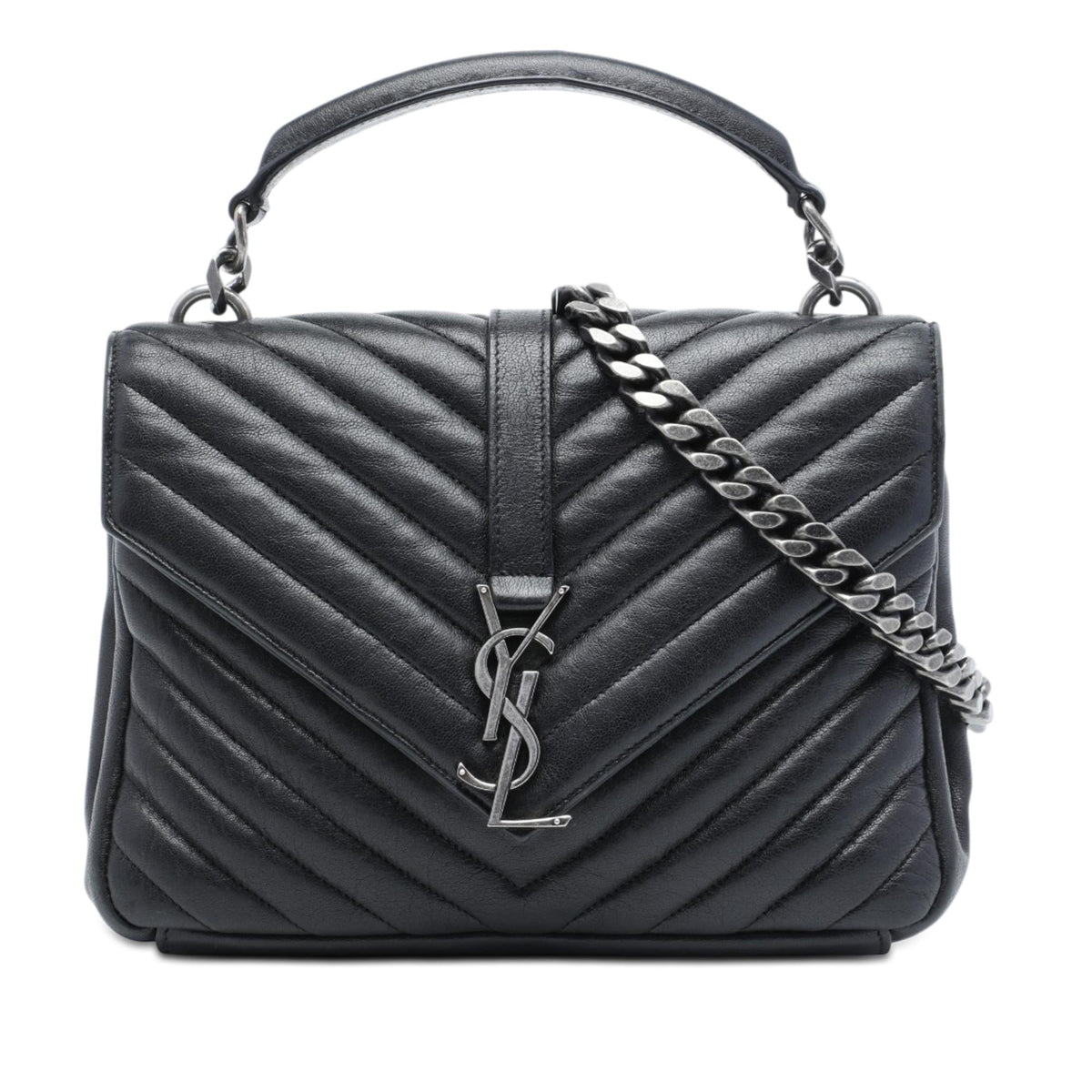 Saint Laurent Medium Chevron Sheepskin Monogram College Satchel - Black