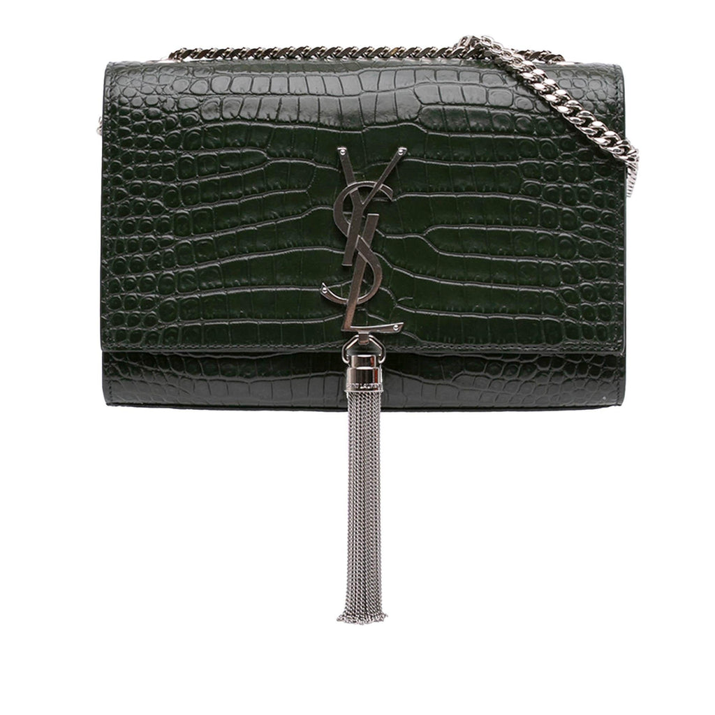 Saint Laurent Medium Croc Embossed Leather Kate Tassel Crossbody Bag - Green