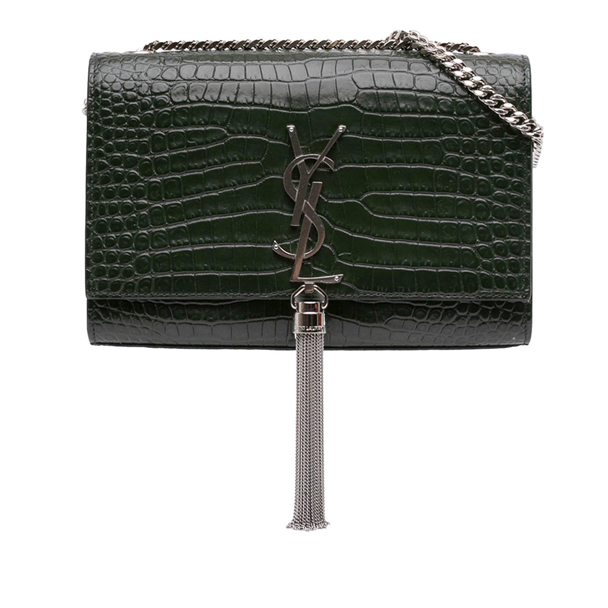 Saint Laurent Medium Croc Embossed Leather Kate Tassel Crossbody Bag - Green