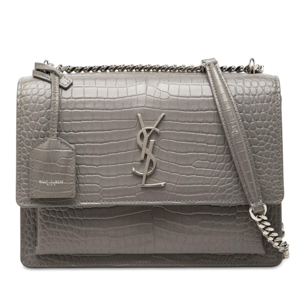 Saint Laurent Medium Croc Embossed Leather Monogram Sunset Crossbody Bag - Grey