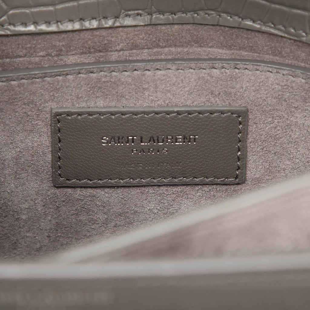 Saint Laurent Medium Croc Embossed Leather Monogram Sunset Crossbody Bag - Grey