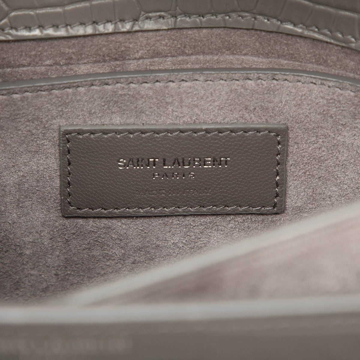 Saint Laurent Medium Croc Embossed Leather Monogram Sunset Crossbody Bag - Grey